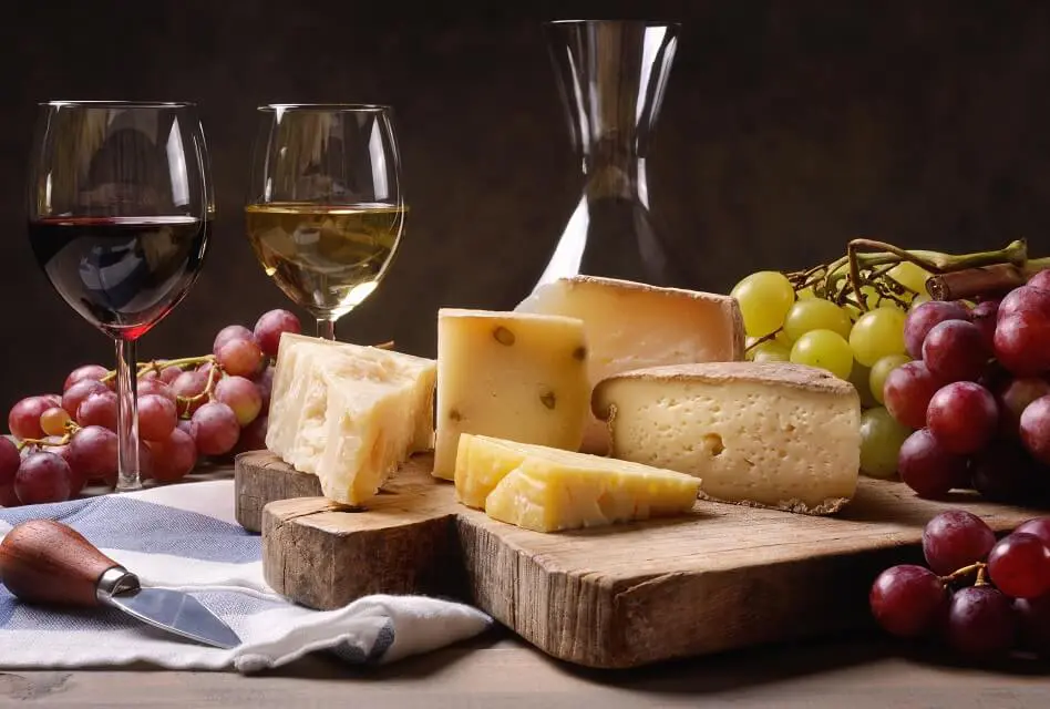 Wooden Patter with Different Types of Cheese, Grapes, and two Glasses of Wine