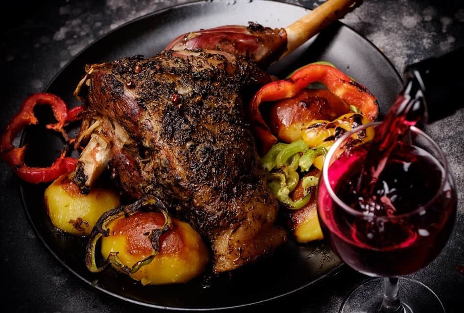 Roasted Lamb with Vegetables, Potatoes, and Red Wine