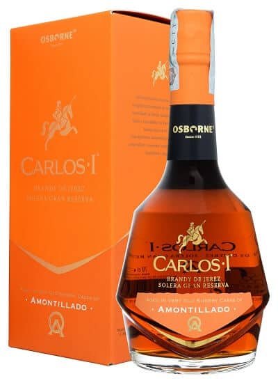 Bottle of Carlos I. Amontillado Sherry next to Original Cardboard Packaging